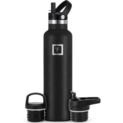 Image of Insulated Water Bottle with Straw Lid Narrow 710ml (3 Lids) Cold 24hrs &amp; Hot 12hrs Drinks Double Walled Stainless Steel Metal Leakproof Travel Sports Gym Camping Hiking Hydration Flask