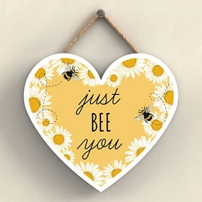 Image of Global Designs Just Bee You Yellow Themed Decorative Wooden Heart Shaped Hanging Plaque