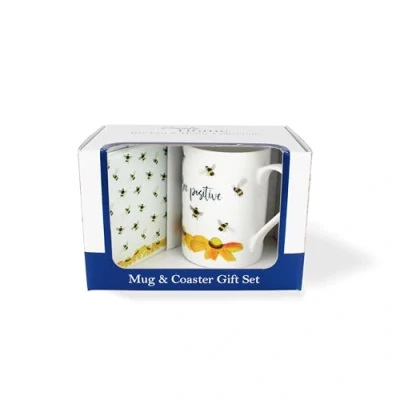 Image of Bee Mug &amp; Coaster Gift Set Positive Bumblebees Flowers Bone China and Glass Tea/Coffee Present