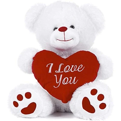 Image of Paws White Teddy Bear holding Red Heart with I Love You written on it (White, 10.5&quot;)