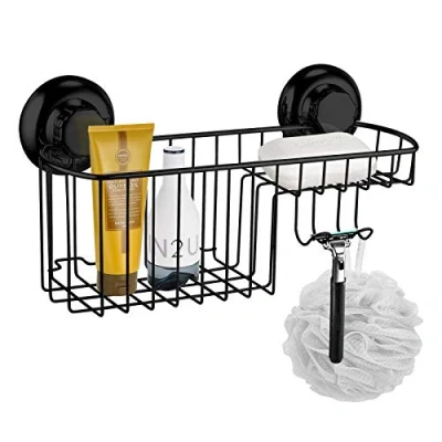 Image of MaxHold No Drilling/Suction Cup Multi Functional Combo Basket Vaccum System Stainless Steel Never Rust Black for Bathroom &amp; Kitchen
