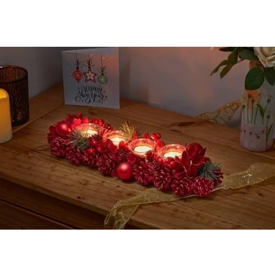 Image of Smart Garden Ruby Pine Quartet Candle Holder Red Pinecones and Berries 42cm Christmas Table Décor Festive Xmas Decoration