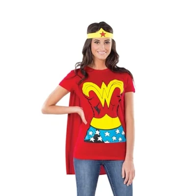 Image of Rubie&#039;s 880475S000 Wonder Woman T Shirt Set DC Comics Adult Fancy Dress, Multicolour, S