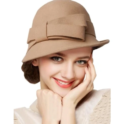 Image of Bellady Women Solid Color Winter Hat 100% Wool Cloche Bucket with Bow Accent, Camel, One Size