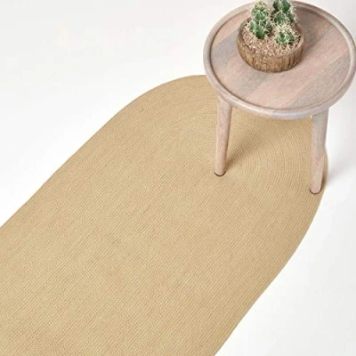 Image of HOMESCAPES Linen Handmade Braided Oval Hallway Runner &amp; Living Room Light Brown Woven Cotton Large Rug, 66 x 200 cm