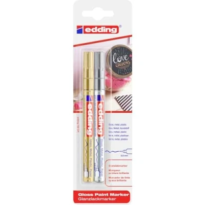 Image of edding 780 gloss paint marker gold, silver pack of 2 markers extra fine round nib 0.8 mm pen for glass, pebbles, wood, plastic, paper waterproof, high coverage