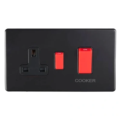 Image of 45Amp DP Cooker Switch With 13Amp Socket Flat Concealed Matt Black Plate Red Rockers