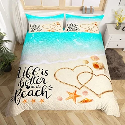 Image of Beach Duvet Cover Set Super King Size, Blue Ocean Theme Comforter with 2 Pillowcases, Sealife Starfish Conch Scallop Bedding 3pcs for Kids Boys Girls Bedroom Decor Marine Bedspread
