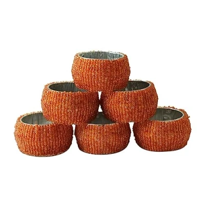 Image of Ajuny Napkin Ring Holder Handcrafted Beaded Round Decorative Rings for Dining Table Decor Wedding Party Dinner Set of 6, Orange