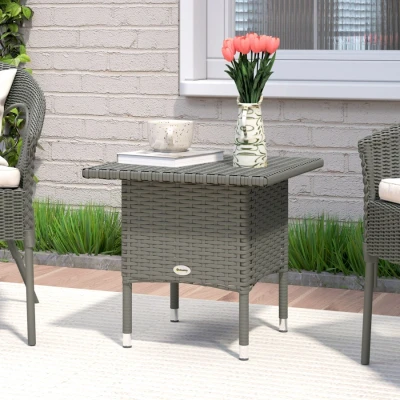 Image of Outsunny Rattan Side Table, Outdoor Coffee Table with Plastic Board Under the Full Woven Top for Patio, Garden, Balcony, Grey