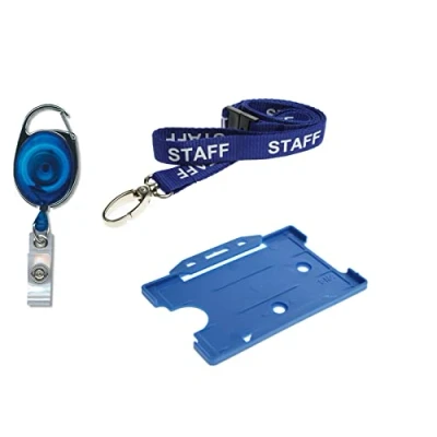 Image of Staff Lanyard Neck Strap with Safety Breakaway 15mm, Badge Pass ID Card Holder Credit Size and Retractable Keyring Premier YoYo Reel (Blue Metal)