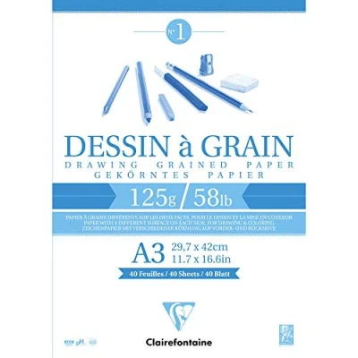 Image of Clairefontaine Ref 96682C White Grained Drawing Paper Glued Pad (40 Sheets) A3 Sized, 125gsm Paper, &amp; Acid Free, pH Neutral