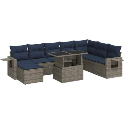 Image of Vidaxl 9 Piece Garden Sofa Set with Cushions Grey Poly Rattan Acacia