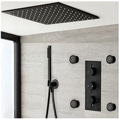 Image of Milano Nero Thermostatic Mixer Valve Ceiling Mounted Recessed Head Hand Shower Body Jets Black