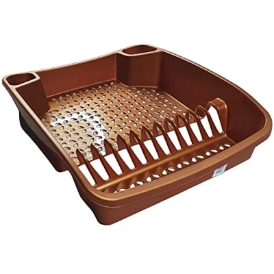 Image of Large Dish Drainer Rack Kitchen Sink Draining Board Countertop Cup Glass Plate Drying with Cutlery Utensil Holder Plastic 48 x 39 11cm Rose Gold