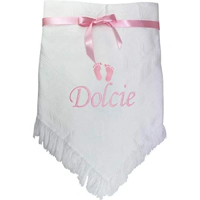 Image of Personalised Footprint Shawl Blanket Gift with Name Embroidery (One (10 Characters), Pink Embroidery)
