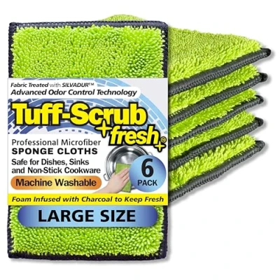 Image of Tuff Scrub Fresh Professional Microfiber Sponge Cloths, Fabric Treated with SILVADUR Advanced Odor Control Technology and Charcoal Infused Foam, 6 Pack Cloths