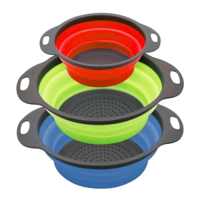Image of Collapsible Colander/Strainer Set of 3, Silicone Kitchen Strainers with Plastic Handles, 4 Quart &amp; 2 Sink Colander, Perfect for Draining Pasta, Vegetable,Fruits