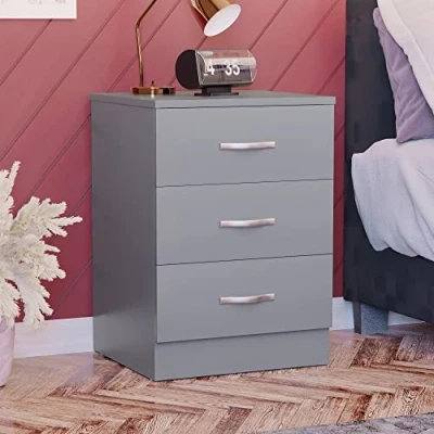 Image of Vida Designs Large Grey Bedside Cabinet Chest of Drawers, 3 Drawer With Metal Handles and Runners, Unique Anti Bowing Support, Riano Bedroom Furniture