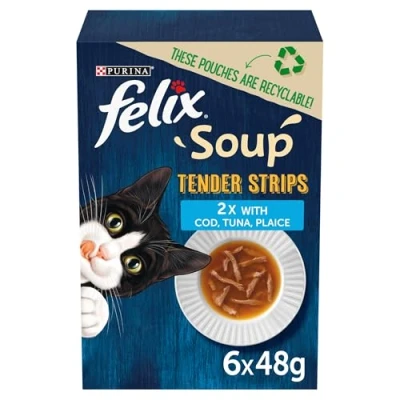Image of FELIX Soup Tender Strips Fish Selection Wet Cat Food 6x48g, (Pack of 8)