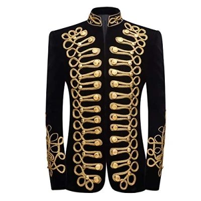 Image of PYJTRL Mens Stylish Court Prince Black Velvet Gold Embroidery Blazer Suit Jacket (Black Gold, US 44R)