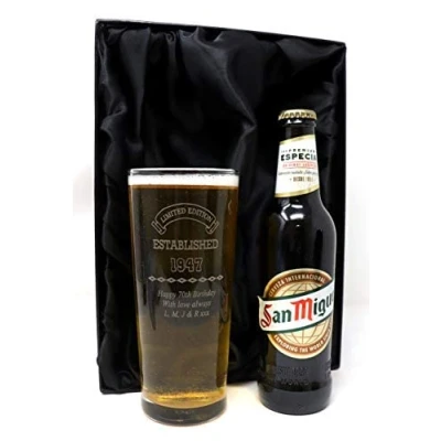 Image of Regalo Personalised Engraved Established Birthday Pint Beer Glass &amp; Bottle Gift Set for Son on his 18th or 21st (San Miguel Premium Especial Lager Beer, Silk Lined Box) 5% vol