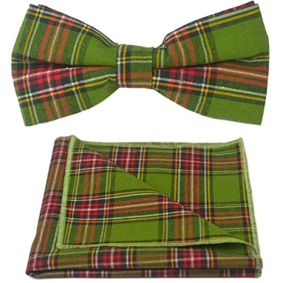 Image of King &amp; Priory Traditional Green Tartan Bow Tie Pocket Square Set, Check, Plaid