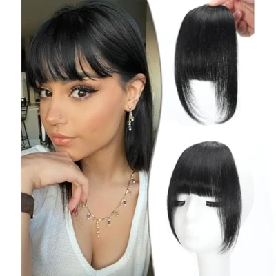 Image of DYbeautyhair Clip in Fringe Bangs 100% Human Hair Extensions Fremch With Temples Hairpieces Curved For Women Daily Wear (Natural Black, French Bangs)