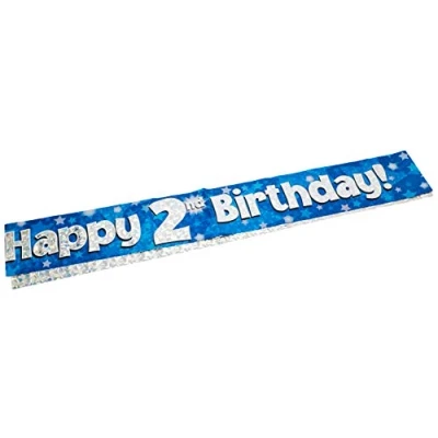 Image of OakTree 624634&quot; Happy 2nd Birthday Foil Holographic Banner, Blue, 9 ft