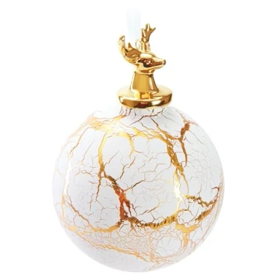 Image of BRUBAKER Premium Christmas Bauble Deer on Marble Ball White Gold 3.9 inches (10 cm) Glass Tree with Porcelain Head Figure in Look Decoration