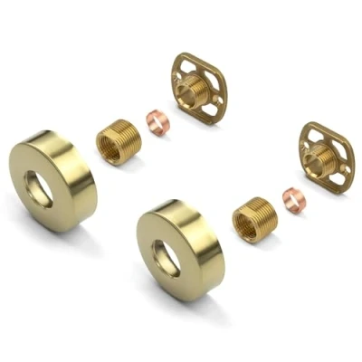Image of Xcel Home Brushed Gold Round Shower Fixing Kit Plates (Pair) Wall Mounted with 3/4 Connections Easy Fix Brackets for Exposed Valves or Bath Mixer Tap Brass