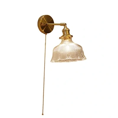 Image of Wall Lights with Pull Cord Switch Glass Shade Bedside Vintage Lamps Copper Industrial Modern Lighting for Living Room, Bedroom, Hallway, Kitchen, Farmhouse, Hotel, E27 Base (Transparent)