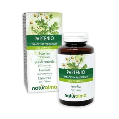 Image of Feverfew (Tanacetum parthenium) herb with Flowers Naturalma 150 g 300 Tablets Food Supplement Natural and Vegan