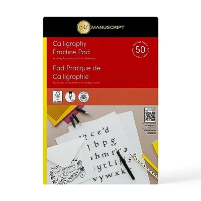 Image of Manuscript Pen Company 270677MANUSCRIPT Calligraphy Practice Pad 50 Sheets Ideal for Beginners White Paper, foundational Hand, Italic guidelines 300mm x 211mm 6mm