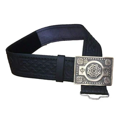 Image of Black Leather Thistle Design Scottish Highland Kilt Belt With Antique Finish Buckle, 17041631, XXL