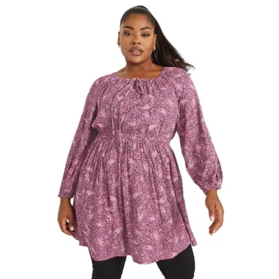 Image of Yours Curve Paisley Crinkle Tie Neck Tunic Dress Women&#039;s Plus Size Pink