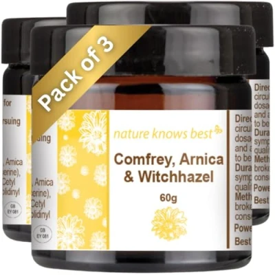 Image of Nature Knows Best Comfrey, Arnica, Witch Hazel and Vitamin E Balm (Pack of 3) 3 x 60g Premium Muscle with