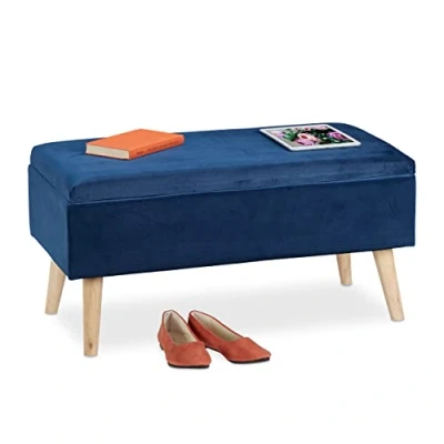 Image of Relaxdays Ottoman Storage Bench, Velvet Upholstery, 40l Capacity, Padded, Wooden Legs, Seating Furniture, Dark Blue, 50% fibreboard 30% Wood 20%, 80 x 40 41 cm