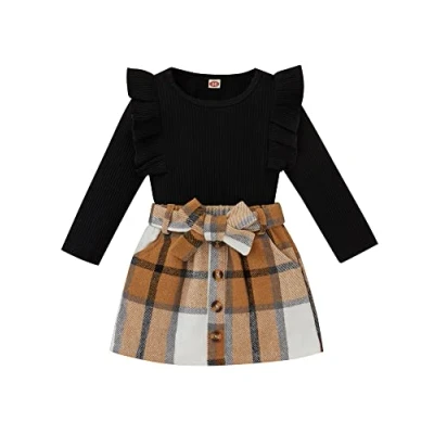 Image of N /D Toddler Baby Girl Outfit Long Sleeve Knitted Ribbed Tops + Bowknot Waistband Buttons Skirt 2pcs Winter Spring Clothes Set (A#Black, 3 4T)