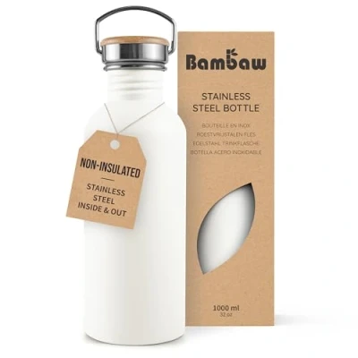 Image of Bambaw Stainless Steel Water Bottle 1l, White Bottle, Non Insulated Metal BPA Free Leak Proof Reusable Polar