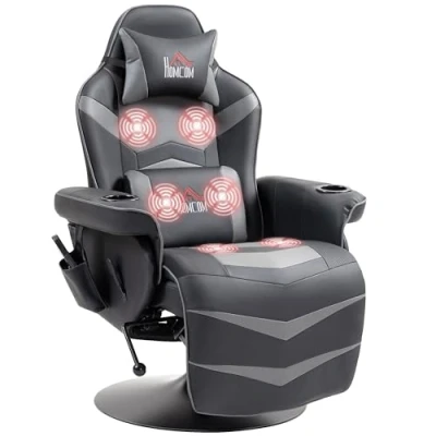 Image of HOMCOM Massage Recliner Chair with Remote, PU Leather Armchair Cup Holders and Side Pockets, Racing Style Reclining Headrest, 360 Swivel, Lumbar Support, Grey