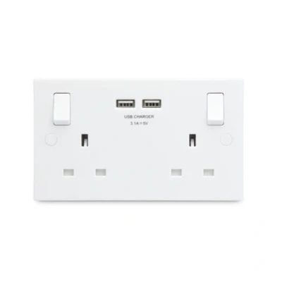 Image of BG Electrical Double Switched Power Wall Plug Socket with Two Type A USB Charging Ports, Square Edge, Nexus 900 Series, White Moulded, 13A, 15W, 922U3