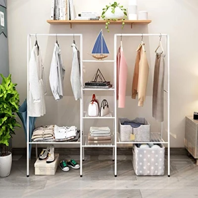Image of BOFENG Clothes Rail/Metal Garment Rails Heavy Duty Indoor Bedroom Clothing Hanger With Top Rod and Lower Storage Shelf Rack (White)