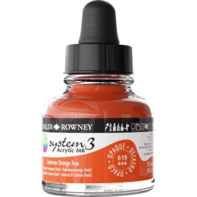 Image of Daler Rowney System3 Acrylic Ink, Glass Bottle with Dropper, Opaque, 1oz 29.5 ml, Cadmium Orange Hue