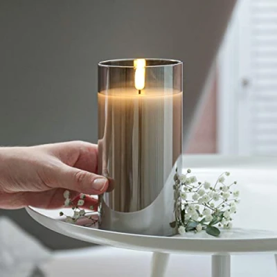 Image of Festive Lights Authentic Flame 15cm Real Wax Smoked Grey Glass Flameless Battery Operated Candle Warm White Flickering LED Safe, Elegant Indoor Christmas &amp; Home Decoration (Without Remote)