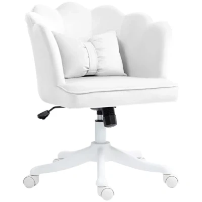 Image of HOMCOM Velvet Office Chair with Petal Shell Back and Lumbar Pillow, Armless Desk Wide Seat Tilt Function, Height Adjustable Swivel Makeup Vanity for Bedroom, White