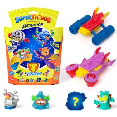 Image of SuperThings Evolution series Pack of 6. Includes 4 (1 silver captain) and 2 Superjets. 6