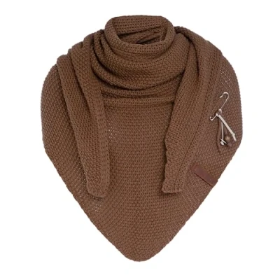 Image of Knit Factory Coco Knitted Shawl Triangle scarf Women Tobacco winter 190x85 cm Manufactured in Europe Ladies Including decorative pin