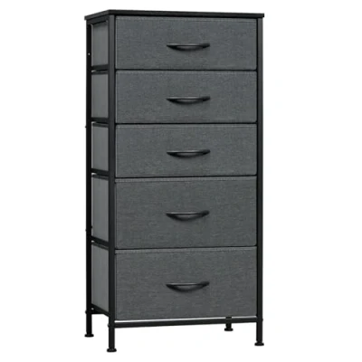 Image of WOLTU Chest of Drawers, Fabric Storage Drawer Unit with 5 Organiser Drawers for Bedroom, Playroom, Closet, Living Room, Black Wood Effect+Dark Grey Metal Frame