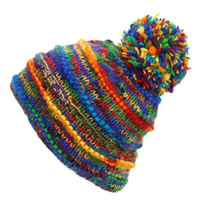 Image of LOUDelephant Hand Knitted Wool Beanie Bobble Hat SD Rainbow Rib